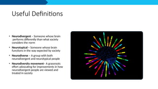 Useful Definitions
• Neurodivergent – Someone whose brain
performs differently than what society
considers the norm
• Neurotypical – Someone whose brain
functions in the way expected by society
• Neurodiverse – A group with both
neurodivergent and neurotypical people
• Neurodiversity movement– A grassroots
effort advocating for improvements in how
neurodivergent people are viewed and
treated in society
 
