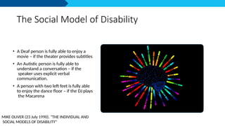 The Social Model of Disability
• A Deaf person is fully able to enjoy a
movie – if the theater provides subtitles
• An Autistic person is fully able to
understand a conversation – if the
speaker uses explicit verbal
communication.
• A person with two left feet is fully able
to enjoy the dance floor – if the DJ plays
the Macarena
MIKE OLIVER (23 July 1990). "THE INDIVIDUAL AND
SOCIAL MODELS OF DISABILITY"
 