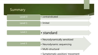 Summary
• contraindicatedLevel 0
• limitedLevel 1
• standardLevel 2
• Neurodynamically sensitized
• Neurodynamic sequencing
• Multi-structural
• Symptomatic position/ movement
Level 3
 