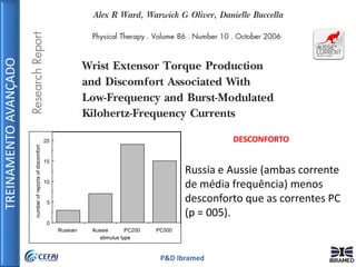 TREINAMENTOAVANÇADO
P&D Ibramed
Russia e Aussie (ambas corrente
de média frequência) menos
desconforto que as correntes PC
(p = 005).
DESCONFORTO
 