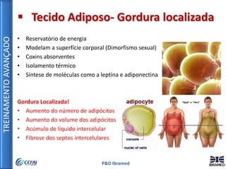 TREINAMENTOAVANÇADO
P&D Ibramed
 Tecido Adiposo- Gordura localizada
• Reservatório de energia
• Modelam a superfície corporal (Dimorfismo sexual)
• Coxins absorventes
• Isolamento térmico
• Síntese de moléculas como a leptina e adiponectina
Gordura Localizada!
• Aumento do número de adipócitos
• Aumento do volume dos adipócitos
• Acúmulo de líquido intercelular
• Fibrose dos septos intercelulares
 