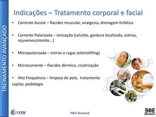 TREINAMENTOAVANÇADO
P&D Ibramed
• Corrente Aussie – flacidez muscular, analgesia, drenagem linfática
• Corrente Polarizada – ionização (celulite, gordura localizada, estrias,
rejuvenescimento...)
• Micropolarizada – estrias e rugas (eletrolifting)
• Microcorrente – flacidez dérmica, cicatrização
• Alta Frequência – limpeza de pele, tratamento
capilar, podologia
Indicações – Tratamento corporal e facial
 