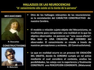 HALLAZGOS DE LAS NEUROCIENCIAS
“el conocimiento sólo existe en la mente de la persona”
 El modelo o relación sujeto-objeto del Mecanicismo, es
insuficiente para comprender una realidad en la que los
objetos observados no parecen ser “una causa-efecto”.
Mas bien es UNA CREACIÓN del CEREBRO del
observador. El conocimiento es creado a través de
nuestras percepciones y acciones, (El Constructivismo).
 Lo que en realidad ocurre es un proceso DE CREACIÓN
DEL OBJETO, donde EL CEREBRO cumple un rol activo
mediante el cual considera el contexto, analiza las
posibilidades, las coteja con la experiencia y finalmente
CONSTRUYE una PERCEPCIÓN COHERENTE. (Maturana)
 Otro de los hallazgos relevantes de las neurociencias
es la constatación del CARÁCTER CONSTRUCTIVO de
nuestro Cerebro.
MECANICISMO
CONSTRUCTIVISMO
R. Descartes
H. Maturana
 