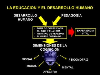 DESARROLLO
HUMANO
PEDAGOGÍA
EXPERIENCIA
VITAL
DIMENSIONES DE LA
COGNICIÓN
SOCIAL
MORAL
AFECTIVA
MENTAL
PSICOMOTRIZ
• TOMA DE CONSCIENCIA
• EL AQUÍ Y EL AHORA
• PRINCIPIO DE REALIDAD
• EL DARSE CUENTA DE…
LA EDUCACION Y EL DESARROLLO HUMANO
 
