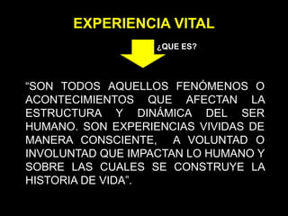 EXPERIENCIA VITAL
¿QUE ES?
“SON TODOS AQUELLOS FENÓMENOS O
ACONTECIMIENTOS QUE AFECTAN LA
ESTRUCTURA Y DINÁMICA DEL SER
HUMANO. SON EXPERIENCIAS VIVIDAS DE
MANERA CONSCIENTE, A VOLUNTAD O
INVOLUNTAD QUE IMPACTAN LO HUMANO Y
SOBRE LAS CUALES SE CONSTRUYE LA
HISTORIA DE VIDA”.
 