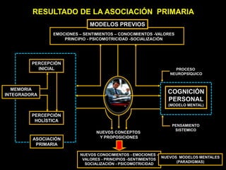 EMOCIONES – SENTIMIENTOS – CONOCIMIENTOS -VALORES
PRINCIPIO - PSICOMOTRICIDAD -SOCIALIZACIÓN
RESULTADO DE LA ASOCIACIÓN PRIMARIA
MODELOS PREVIOS
PERCEPCIÓN
INICIAL
PERCEPCIÓN
HOLÍSTICA
MEMORIA
INTEGRADORA
ASOCIACIÓN
PRIMARIA
COGNICIÓN
PERSONAL
(MODELO MENTAL)
NUEVOS CONCEPTOS
Y PROPOSICIONES
NUEVOS CONOCIMIENTOS - EMOCIONES -
VALORES - PRINCIPIOS -SENTIMIENTOS
SOCIALIZACIÓN - PSICOMOTRICIDAD
NUEVOS MODELOS MENTALES
(PARADIGMAS)
PENSAMIENTO
SISTEMICO
PROCESO
NEUROPSÍQUICO
 