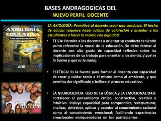  ÉTICA: Permite a los docentes a orientar su conducta teniendo
como referente la moral de la educación. Se debe formar al
docente con alto grado de capacidad reflexiva sobre las
implicaciones de su trabajo para enseñar a los demás. ( qué es
lo bueno y qué es lo malo).
 ESTÉTICA: Es la fuente para formar al docente con capacidad
de crear y cuidar tanto a él mismo como al ambiente, y que
permita dar significado y belleza al proceso educativo.
 LA NEUROCIENCIA: USO DE LA LÓGICA y LA EMOCIONALIDAD:
Fortalecer el pensamiento crítico, constructivo, creativo e
intuitivo. Incluye capacidad para comprender, reestructurar,
analizar, sintetizar, aplicar y acceder al conocimiento racional
como al conocimiento emocional; facilitando experiencias
emocionales enriquecedoras en los participantes.
BASES ANDRAGOGICAS DEL
NUEVO PERFIL DOCENTE
LA AXIOLOGÍA: Permitirá al docente crear una conducta. El hecho
de educar requiere hacer juicios de valoración y enseñar a los
estudiantes a hacer lo mismo con dignidad.
 