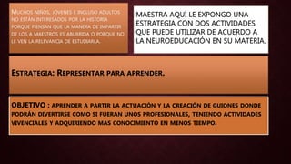 MAESTRA AQUÍ LE EXPONGO UNA
ESTRATEGIA CON DOS ACTIVIDADES
QUE PUEDE UTILIZAR DE ACUERDO A
LA NEUROEDUCACIÓN EN SU MATERIA.
MUCHOS NIÑOS, JÓVENES E INCLUSO ADULTOS
NO ESTÁN INTERESADOS POR LA HISTORIA
PORQUE PIENSAN QUE LA MANERA DE IMPARTIR
DE LOS A MAESTROS ES ABURRIDA O PORQUE NO
LE VEN LA RELEVANCIA DE ESTUDIARLA.
ESTRATEGIA: REPRESENTAR PARA APRENDER.
OBJETIVO : APRENDER A PARTIR LA ACTUACIÓN Y LA CREACIÓN DE GUIONES DONDE
PODRÁN DIVERTIRSE COMO SI FUERAN UNOS PROFESIONALES, TENIENDO ACTIVIDADES
VIVENCIALES Y ADQUIRIENDO MAS CONOCIMIENTO EN MENOS TIEMPO.
 