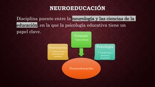 NEUROEDUCACIÓN
Disciplina puente entre la neurología y las ciencias de la
educación, en la que la psicología educativa tiene un
papel clave.
Neuroeducación
Neurociencias
* Estructura y
función del
cerebro
Pedagogía
* Aprendizaje
Psicología
* Conductas y
procesos
mentales
 