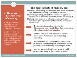 9. There are
different types
of memory
1. a type of memory
that is for storing
isolated facts and
procedures ( semantic)
2. a type of memory
that involves and
activates multiple areas
in the brain to process
and store information
in a meaningful way.
(episodic)
The main aspects of memory are:
The short-term memory, where information enters constantly,
and is deleted constantly after about 40 seconds.
The working memory, where focus attention is applied to
information to elaborate, associate, process and classify it.
The long -term memory or reference memory, where we
remember past experiences and stored and consolidated
information.
During sleep information stored in the
hippocampus is downloaded into the frontal cortex .
Sleep is essential for learning
Content connected with emotions is recalled
more easily. Personalized experiences help
in learning.
Well associated and understood information can
be retrieved on different paths and used for solving
problems or understanding more complex issues.
Incorrect answers should be corrected to avoid
errors to get stored in the memory of pupils.
11/14/2014
19
Education for Transformation Seminar
 