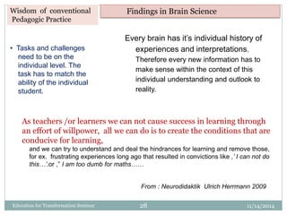 Wisdom of conventional
Pedagogic Practice
• Tasks and challenges
need to be on the
individual level. The
task has to match the
ability of the individual
student.
Every brain has it’s individual history of
experiences and interpretations.
Therefore every new information has to
make sense within the context of this
individual understanding and outlook to
reality.
From : Neurodidaktik Ulrich Herrmann 2009
Findings in Brain Science
As teachers /or learners we can not cause success in learning through
an effort of willpower, all we can do is to create the conditions that are
conducive for learning,
and we can try to understand and deal the hindrances for learning and remove those,
for ex. frustrating experiences long ago that resulted in convictions like ,’ I can not do
this…’.or ,” I am too dumb for maths……
11/14/201428Education for Transformation Seminar
 