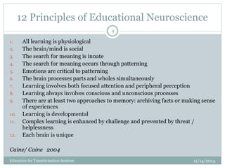 12 Principles of Educational Neuroscience
1. All learning is physiological
2. The brain/mind is social
3. The search for meaning is innate
4. The search for meaning occurs through patterning
5. Emotions are critical to patterning
6. The brain processes parts and wholes simultaneously
7. Learning involves both focused attention and peripheral perception
8. Learning always involves conscious and unconscious processes
9. There are at least two approaches to memory: archiving facts or making sense
of experiences
10. Learning is developmental
11. Complex learning is enhanced by challenge and prevented by threat /
helplessness
12. Each brain is unique
Caine/ Caine 2004
11/14/2014
9
Education for Transformation Seminar
 