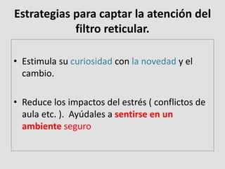 Estrategias para captar la atención del
filtro reticular.
• Estimula su curiosidad con la novedad y el
cambio.
• Reduce los impactos del estrés ( conflictos de
aula etc. ). Ayúdales a sentirse en un
ambiente seguro
 