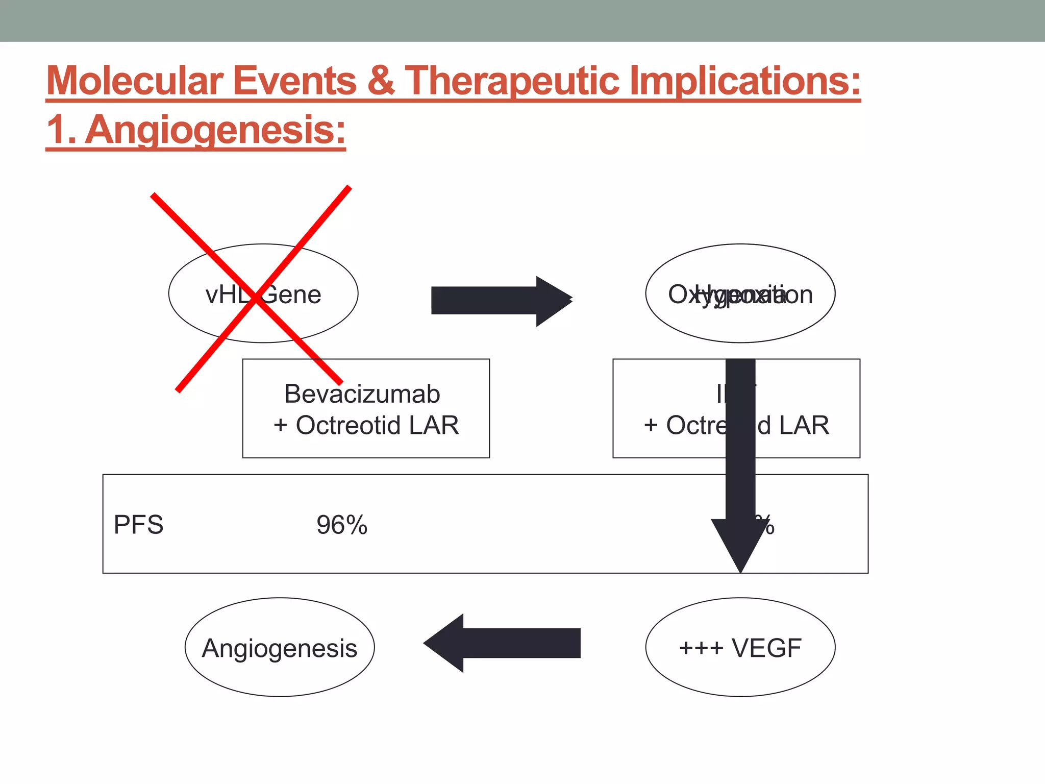 Molecular Events & Therapeutic Implications:
1. Angiogenesis:
vHL Gene OxygenationHypoxia
+++ VEGFAngiogenesis
PFS 96% 68%
Bevacizumab
+ Octreotid LAR
INF
+ Octreotid LAR
 