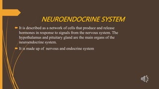 NEUROENDOCRINE SYSTEM
 It is described as a network of cells that produce and release
hormones in response to signals from the nervous system. The
hypothalamus and pituitary gland are the main organs of the
neuroendocrine system.
 It is made up of nervous and endocrine system
 
