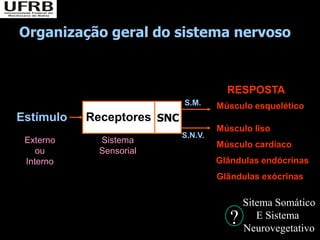 Organização geral do sistema nervoso


                                       RESPOSTA
                            S.M.     Músculo esquelético
Estímulo   Receptores SNC
                                     Músculo liso
                            S.N.V.
 Externo     Sistema                 Músculo cardíaco
    ou       Sensorial
 Interno                             Glândulas endócrinas
                                     Glândulas exócrinas

                                            Sitema Somático
                                        ?      E Sistema
                                            Neurovegetativo
 