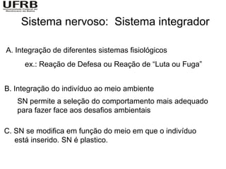 Sistema nervoso: Sistema integrador

A. Integração de diferentes sistemas fisiológicos
     ex.: Reação de Defesa ou Reação de “Luta ou Fuga”


B. Integração do indivíduo ao meio ambiente
   SN permite a seleção do comportamento mais adequado
   para fazer face aos desafios ambientais

C. SN se modifica em função do meio em que o indivíduo
   está inserido. SN é plastico.
 