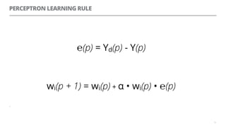 PERCEPTRON LEARNING RULE
℮(p) = Yd(p) - Y(p)
wi(p + 1) = wi(p) + α • wi(p) • ℮(p)
=
10
 