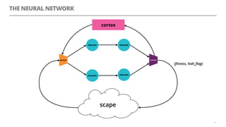 THE NEURAL NETWORK
62
neuron
neuronneuron
actuatorsensor
neuron
cortex
scape
{ﬁtness, halt_ﬂag}
 