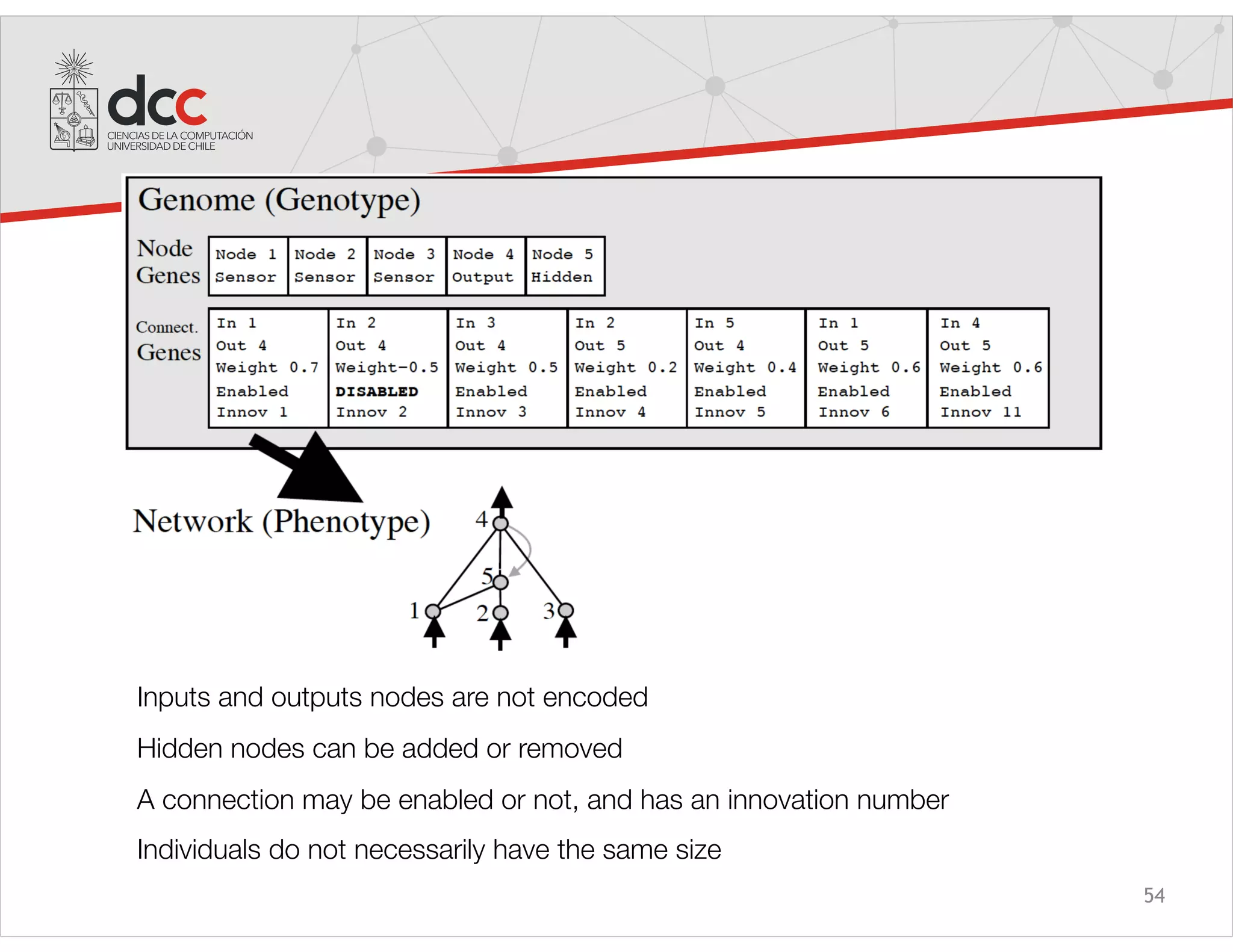 54
Encoding
Inputs and outputs nodes are not encoded
Hidden nodes can be added or removed
A connection may be enabled or not, and has an innovation number
Individuals do not necessarily have the same size
 