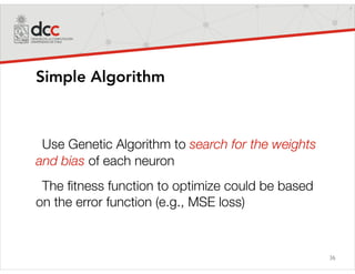 36
Simple Algorithm
Use Genetic Algorithm to search for the weights
and bias of each neuron
The ﬁtness function to optimize could be based
on the error function (e.g., MSE loss)
 