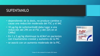 SUFENTANILO
• dependiendo de la dosis, no produce cambios o
causa una reducción moderada del FSC y el IMC
• 10 µg/kg de sufentanilo68 daba lugar a una
reducción del 29% en el FSC y del 22% en el
CMRo2
• En 1 y 2 µg/kg disminuye la ACMvf en pacientes
con traumatismo craneal y aumento de la PIC
• se asoció con un aumento moderado de la PIC.
Grooper, M. miller, anestesia 9ª ed. España, 2020. Elsevier.
 