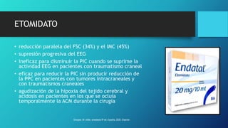 ETOMIDATO
• reducción paralela del FSC (34%) y el IMC (45%)
• supresión progresiva del EEG
• ineficaz para disminuir la PIC cuando se suprime la
actividad EEG en pacientes con traumatismo craneal
• eficaz para reducir la PIC sin producir reducción de
la PPC en pacientes con tumores intracraneales y
con traumatismos craneales
• agudización de la hipoxia del tejido cerebral y
acidosis en pacientes en los que se ocluía
temporalmente la ACM durante la cirugía
Grooper, M. miller, anestesia 9ª ed. España, 2020. Elsevier.
 