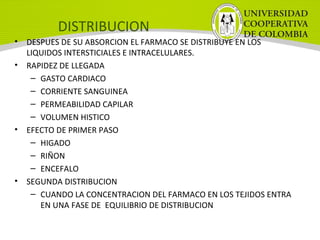 DISTRIBUCION
• DESPUES DE SU ABSORCION EL FARMACO SE DISTRIBUYE EN LOS
LIQUIDOS INTERSTICIALES E INTRACELULARES.
• RAPIDEZ DE LLEGADA
– GASTO CARDIACO
– CORRIENTE SANGUINEA
– PERMEABILIDAD CAPILAR
– VOLUMEN HISTICO
• EFECTO DE PRIMER PASO
– HIGADO
– RIÑON
– ENCEFALO
• SEGUNDA DISTRIBUCION
– CUANDO LA CONCENTRACION DEL FARMACO EN LOS TEJIDOS ENTRA
EN UNA FASE DE EQUILIBRIO DE DISTRIBUCION
 