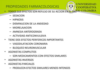 PROPIEDADES FARMACOLOGICAS
• TODOS SUS EFECTOS SON REFLEJO DE SU ACCION EN EL SNC
– SEDACION
– HIPNOSIS
– DISMINUCION DE LA ANSIEDAD
– MIORELAJACION
– AMNESIA ANTEROGRADA
– ACTIVIDAD ANTICONVULSIVA
• TIENE DOS EFECTOS PERIFERICOS IMPORTANTES
– VASODILATACION CORONARIA
– BLOQUEO NEUROMUSCULAR
• AGONISTAS COMPLETOS
– SON MEDICAMENTOS CON EFECTOS SIMILARES
• AGONISTAS INVERSOS
• AGONISTAS PARCIALES
– PRODUCEN EFECTOS SIMILARES MENOS INTENSOS
 