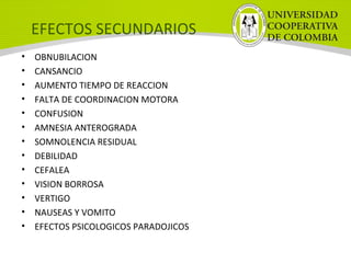 EFECTOS SECUNDARIOS
• OBNUBILACION
• CANSANCIO
• AUMENTO TIEMPO DE REACCION
• FALTA DE COORDINACION MOTORA
• CONFUSION
• AMNESIA ANTEROGRADA
• SOMNOLENCIA RESIDUAL
• DEBILIDAD
• CEFALEA
• VISION BORROSA
• VERTIGO
• NAUSEAS Y VOMITO
• EFECTOS PSICOLOGICOS PARADOJICOS
 