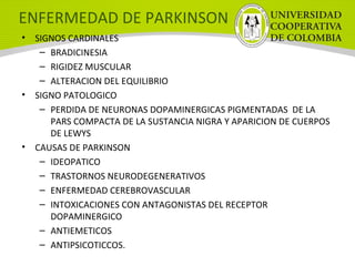 ENFERMEDAD DE PARKINSON
• SIGNOS CARDINALES
– BRADICINESIA
– RIGIDEZ MUSCULAR
– ALTERACION DEL EQUILIBRIO
• SIGNO PATOLOGICO
– PERDIDA DE NEURONAS DOPAMINERGICAS PIGMENTADAS DE LA
PARS COMPACTA DE LA SUSTANCIA NIGRA Y APARICION DE CUERPOS
DE LEWYS
• CAUSAS DE PARKINSON
– IDEOPATICO
– TRASTORNOS NEURODEGENERATIVOS
– ENFERMEDAD CEREBROVASCULAR
– INTOXICACIONES CON ANTAGONISTAS DEL RECEPTOR
DOPAMINERGICO
– ANTIEMETICOS
– ANTIPSICOTICCOS.
 