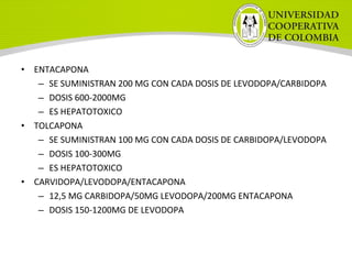 • ENTACAPONA
– SE SUMINISTRAN 200 MG CON CADA DOSIS DE LEVODOPA/CARBIDOPA
– DOSIS 600-2000MG
– ES HEPATOTOXICO
• TOLCAPONA
– SE SUMINISTRAN 100 MG CON CADA DOSIS DE CARBIDOPA/LEVODOPA
– DOSIS 100-300MG
– ES HEPATOTOXICO
• CARVIDOPA/LEVODOPA/ENTACAPONA
– 12,5 MG CARBIDOPA/50MG LEVODOPA/200MG ENTACAPONA
– DOSIS 150-1200MG DE LEVODOPA
 