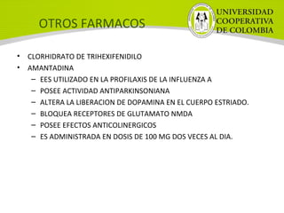 OTROS FARMACOS
• CLORHIDRATO DE TRIHEXIFENIDILO
• AMANTADINA
– EES UTILIZADO EN LA PROFILAXIS DE LA INFLUENZA A
– POSEE ACTIVIDAD ANTIPARKINSONIANA
– ALTERA LA LIBERACION DE DOPAMINA EN EL CUERPO ESTRIADO.
– BLOQUEA RECEPTORES DE GLUTAMATO NMDA
– POSEE EFECTOS ANTICOLINERGICOS
– ES ADMINISTRADA EN DOSIS DE 100 MG DOS VECES AL DIA.
 