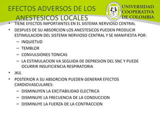 EFECTOS ADVERSOS DE LOS
ANESTESICOS LOCALES
• TIENE EFECTOS IMPORTANTES EN EL SISTEMA NERVIOSO CENTRAL
• DESPUES DE SU ABSORCION LOS ANESTESICOS PUEDEN PRODUCIR
ESTIMULACION DEL SISTEMA NERVIOSO CENTRAL Y SE MANIFIESTA POR:
– INQUIETUD
– TEMBLOR
– CONVULSIONES TONICAS
– LA ESTIMULACION VA SEGUIDA DE DEPRESION DEL SNC Y PUEDE
OCURRIR INSUFICIENCIA RESPIRATORIA
• JKJL
• POSTERIOR A SU ABSORCION PUEDEN GENERAR EFECTOS
CARDIOVASCULARES:
– DISMINUYEN LA EXCITABILIDAD ELECTRICA
– DISMINUYE LA FRECUENCIA DE LA CONDUCCION
– DISMINUYE LA FUERZA DE LA CONTRACCION
 