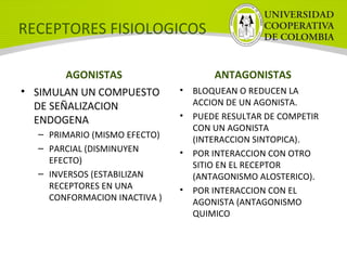 RECEPTORES FISIOLOGICOS
AGONISTAS
• SIMULAN UN COMPUESTO
DE SEÑALIZACION
ENDOGENA
– PRIMARIO (MISMO EFECTO)
– PARCIAL (DISMINUYEN
EFECTO)
– INVERSOS (ESTABILIZAN
RECEPTORES EN UNA
CONFORMACION INACTIVA )
ANTAGONISTAS
• BLOQUEAN O REDUCEN LA
ACCION DE UN AGONISTA.
• PUEDE RESULTAR DE COMPETIR
CON UN AGONISTA
(INTERACCION SINTOPICA).
• POR INTERACCION CON OTRO
SITIO EN EL RECEPTOR
(ANTAGONISMO ALOSTERICO).
• POR INTERACCION CON EL
AGONISTA (ANTAGONISMO
QUIMICO
 