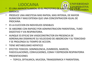 LIDOCAINA
• ES UNA AMINOETILAMIDA, ES EL PROTOTIPO DE ANESTESICO LOCAL
AMIDICO.
• PRODUCE UNA ANESTESIA MAS RAPIDA, MAS INTENSA, DE MAYOR
DURACION Y MAS EXTENSA QUE UNA CONCENTRACION IGUAL DE
PROCAINA.
• ES LA ELECCION EN INDIVIDUOS SENSIBLES
• SE ABSORBE CON RAPIDEZ POR ADMINISTRACION PARENTERAL, TUBO
DIGESTIVO Y VIA RESPIRATORIA.
• AUNQUE ES EFICAZ SIN VASOCONSTRICTOR EN PRESENCIA DE
ADRENALINA DISMINUYE SU VELOCIDAD DE ABSORCION Y SU TOXICIDAD
Y SE PROLONGA SU TIEMPO DE ACCION.
• TIENE METABOLISMO HEPATICO
• EFECTOS TOXICOS: SOMNOLENCIA, ZUMBIDOS, MAREOS,
FASCICULACIONES, CONVULSIONES, COMA Y DEPRESION RESPIRATORIA
• PRESENTACIONES
– TOPICA, OFTALMICA, MUCOSA, TRANSDERMICA Y PARENTERAL
 
