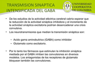 TRANSMISION SINAPTICA
INTENSIFICADA DEL GABA
• De los estudios de la actividad eléctrica cerebral cabria esperar que
la reducción de la actividad sináptica inhibidora y el incremento de
la actividad sináptica excitatoria podrían desencadenar una crisis
convulsiva.
• Los neurotransmisores que median la transmisión sináptica son:
– Acido gama aminobutirico (GABA) como inhibidor
– Glutamato como excitatorio.
• Por lo tanto los fármacos que estimulan la inhibición sináptica
mediada por el GABA inhiben las convulsiones en diversos
modelos. Los antagonistas de los receptores de glutamato
bloquean también las convulsiones.
 