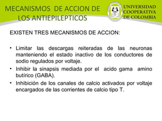MECANISMOS DE ACCION DE
LOS ANTIEPILEPTICOS
EXISTEN TRES MECANISMOS DE ACCION:
• Limitar las descargas reiteradas de las neuronas
manteniendo el estado inactivo de los conductores de
sodio regulados por voltaje.
• Inhibir la sinapsis mediada por el acido gama amino
butírico (GABA).
• Inhibición de los canales de calcio activados por voltaje
encargados de las corrientes de calcio tipo T.
 