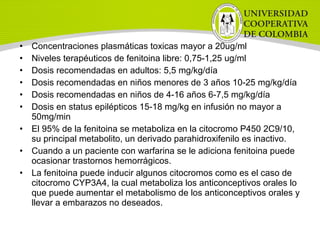 • Concentraciones plasmáticas toxicas mayor a 20ug/ml
• Niveles terapéuticos de fenitoina libre: 0,75-1,25 ug/ml
• Dosis recomendadas en adultos: 5,5 mg/kg/día
• Dosis recomendadas en niños menores de 3 años 10-25 mg/kg/día
• Dosis recomendadas en niños de 4-16 años 6-7,5 mg/kg/día
• Dosis en status epilépticos 15-18 mg/kg en infusión no mayor a
50mg/min
• El 95% de la fenitoina se metaboliza en la citocromo P450 2C9/10,
su principal metabolito, un derivado parahidroxifenilo es inactivo.
• Cuando a un paciente con warfarina se le adiciona fenitoina puede
ocasionar trastornos hemorrágicos.
• La fenitoina puede inducir algunos citocromos como es el caso de
citocromo CYP3A4, la cual metaboliza los anticonceptivos orales lo
que puede aumentar el metabolismo de los anticonceptivos orales y
llevar a embarazos no deseados.
 