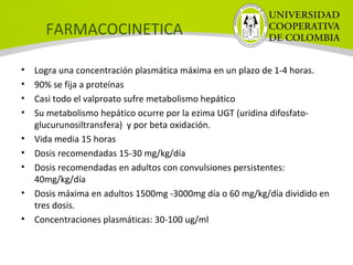 FARMACOCINETICA
• Logra una concentración plasmática máxima en un plazo de 1-4 horas.
• 90% se fija a proteínas
• Casi todo el valproato sufre metabolismo hepático
• Su metabolismo hepático ocurre por la ezima UGT (uridina difosfato-
glucurunosiltransfera) y por beta oxidación.
• Vida media 15 horas
• Dosis recomendadas 15-30 mg/kg/día
• Dosis recomendadas en adultos con convulsiones persistentes:
40mg/kg/día
• Dosis máxima en adultos 1500mg -3000mg día o 60 mg/kg/día dividido en
tres dosis.
• Concentraciones plasmáticas: 30-100 ug/ml
 