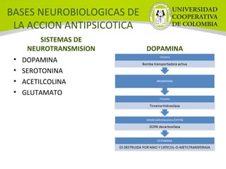 BASES NEUROBIOLOGICAS DE
LA ACCION ANTIPSICOTICA
SISTEMAS DE 
NEUROTRANSMISION
• DOPAMINA
• SEROTONINA
• ACETILCOLINA
• GLUTAMATO
DOPAMINA
 
