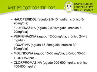 ANTIPSICOTICOS TIPICOS
– HALOPERIDOL (agudo 2,5-10mg/dia, crónico 5-
20mg/dìa)
– FLUFENAZINA (agudo 2,5-15mg/dia, crónico 5-
20mg/dia)
– PERFENAZINA (agudo 12-50mg/dia, crónico 24-48
mg/dia)
– LOXAPINA (agudo 15-20mg/dia, crónico 30-
60mg/dia)
– MOLINDONA (agudo 15-50 mg/dia, crónico 30-60)
– TIORIDAZINA .
– CLORPROMAZINA (agudo 200-600mg/dia, crónico
400-800mg/dia)
 