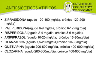 ANTIPSICOTICOS ATIPICOS
• ZIPRASIDONA (agudo 120-160 mg/dia, crónico 120-200
mg/dia)
• PALIPERIDONA(agudo 6-9 mg/dia, crónico 6-12 mg /dia)
• RISPERIDONA (agudo 2-4 mg/dia, crónico 3-6 mg/dia)
• ARIPIPRAZOL (agudo 10-20 mg/dia, crónico 15-30mg/dia)
• OLANZAPINA (agudo 7,5-20 mg/dia,crónico 10-30mg/dia)
• QUETIAPINA (agudo 200-600 mg/dia, crónico 400-900 mg/dia)
• CLOZAPINA (agudo 200-600mg/dia, crónico 400-900 mg/dia)
 