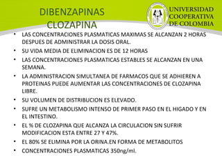 DIBENZAPINAS
CLOZAPINA
• LAS CONCENTRACIONES PLASMATICAS MAXIMAS SE ALCANZAN 2 HORAS
DESPUES DE ADMINISTRAR LA DOSIS ORAL.
• SU VIDA MEDIA DE ELIMINACION ES DE 12 HORAS
• LAS CONCENTRACIONES PLASMATICAS ESTABLES SE ALCANZAN EN UNA
SEMANA.
• LA ADMINISTRACION SIMULTANEA DE FARMACOS QUE SE ADHIEREN A
PROTEINAS PUEDE AUMENTAR LAS CONCENTRACIONES DE CLOZAPINA
LIBRE.
• SU VOLUMEN DE DISTRIBUCION ES ELEVADO.
• SUFRE UN METABOLISMO INTENSO DE PRIMER PASO EN EL HIGADO Y EN
EL INTESTINO.
• EL % DE CLOZAPINA QUE ALCANZA LA CIRCULACION SIN SUFRIR
MODIFICACION ESTA ENTRE 27 Y 47%.
• EL 80% SE ELIMINA POR LA ORINA.EN FORMA DE METABOLITOS
• CONCENTRACIONES PLASMATICAS 350ng/ml.
 
