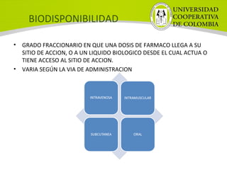 BIODISPONIBILIDAD
• GRADO FRACCIONARIO EN QUE UNA DOSIS DE FARMACO LLEGA A SU
SITIO DE ACCION, O A UN LIQUIDO BIOLOGICO DESDE EL CUAL ACTUA O
TIENE ACCESO AL SITIO DE ACCION.
• VARIA SEGÚN LA VIA DE ADMINISTRACION
 