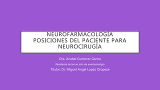NEUROFARMACOLOGÍA
POSICIONES DEL PACIENTE PARA
NEUROCIRUGÍA
Dra. Anabel Gutierrez Garcia
Residente de tercer año de anestesiología
Titular: Dr. Miguel Angel Lopez Oropeza
 
