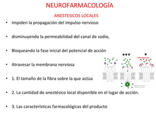 NEUROFARMACOLOGÍA
                       ANESTESICOS LOCALES
• Impiden la propagación del impulso nervioso

• disminuyendo la permeabilidad del canal de sodio,

• Bloqueando la fase inicial del potencial de acción

• Atravesar la membrana nerviosa

• 1. El tamaño de la fibra sobre la que actúa

• 2. La cantidad de anestésico local disponible en el lugar de acción.

• 3. Las características farmacológicas del producto
 