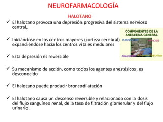 NEUROFARMACOLOGÍA
                            HALOTANO
 El halotano provoca una depresión progresiva del sistema nervioso
  central,

 Iniciándose en los centros mayores (corteza cerebral) y
  expandiéndose hacia los centros vitales medulares

 Esta depresión es reversible

 Su mecanismo de acción, como todos los agentes anestésicos, es
  desconocido

 El halotano puede producir broncodilatación

 El halotano causa un descenso reversible y relacionado con la dosis
  del flujo sanguíneo renal, de la tasa de filtración glomerular y del flujo
  urinario.
 