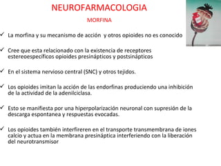 NEUROFARMACOLOGIA
                                   MORFINA

 La morfina y su mecanismo de acción y otros opioides no es conocido

 Cree que esta relacionado con la existencia de receptores
  estereoespecíficos opioides presinápticos y postsinápticos

 En el sistema nervioso central (SNC) y otros tejidos.

 Los opioides imitan la acción de las endorfinas produciendo una inhibición
  de la actividad de la adenilciclasa.

 Esto se manifiesta por una hiperpolarización neuronal con supresión de la
  descarga espontanea y respuestas evocadas.

 Los opioides también interfireren en el transporte transmembrana de iones
  calcio y actua en la membrana presináptica interferiendo con la liberación
  del neurotransmisor
 