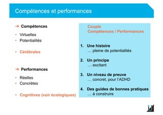 Compétences et performances
Adulte
➔  Compétences
•  Virtuelles
•  Potentialités
•  Cérébrales
➔  Performances
•  Réelles
•  Concrètes
•  Cognitives (voir écologiques)
Couple
Compétences / Performances
1.  Une histoire
… pleine de potentialités
2.  Un principe
… excitant
3.  Un niveau de preuve
… concret, pour l’ADHD
4.  Des guides de bonnes pratiques
… à construire
 